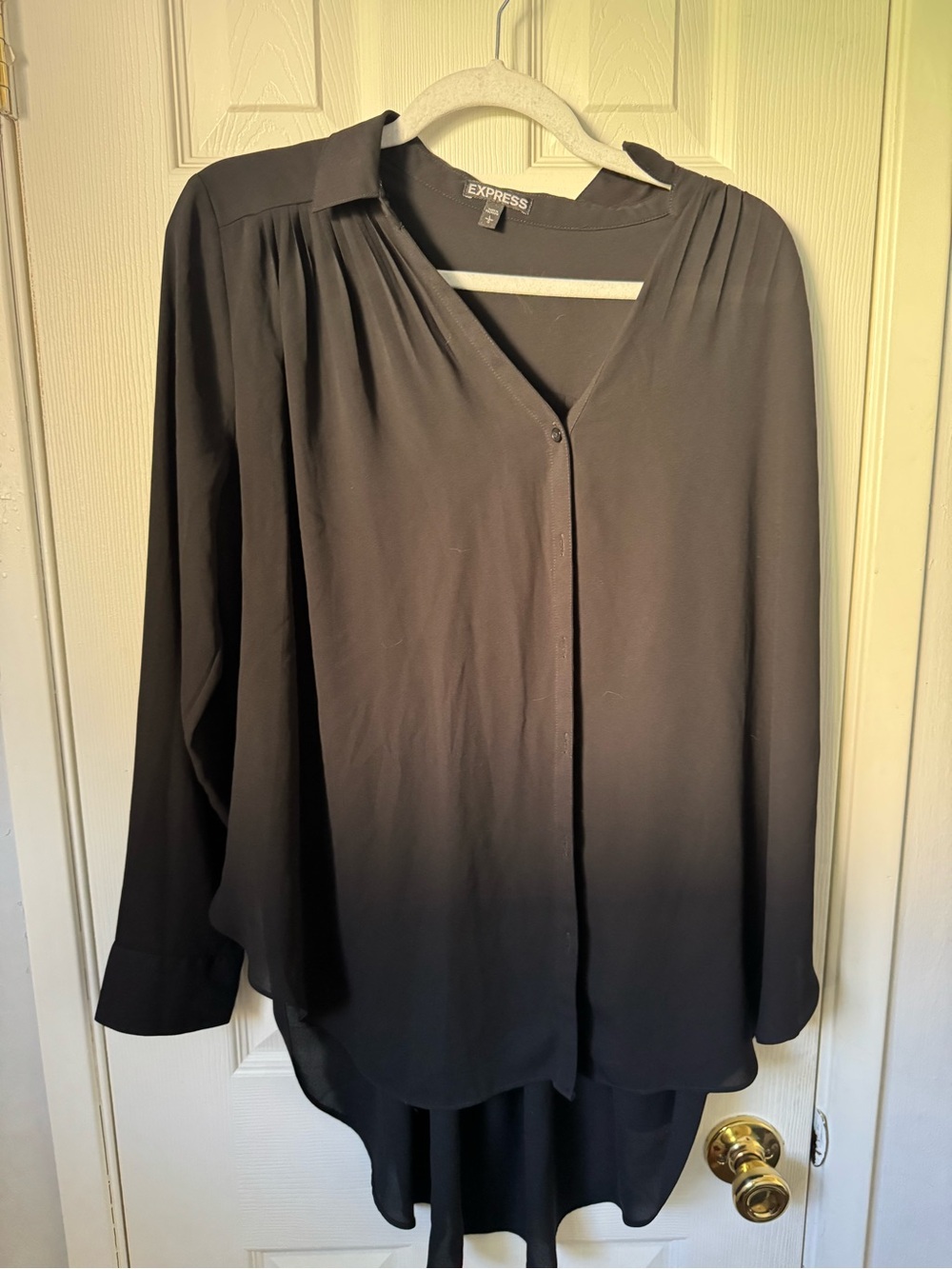 Express Black Long-Sleeve Button Down V-Neck Shirt